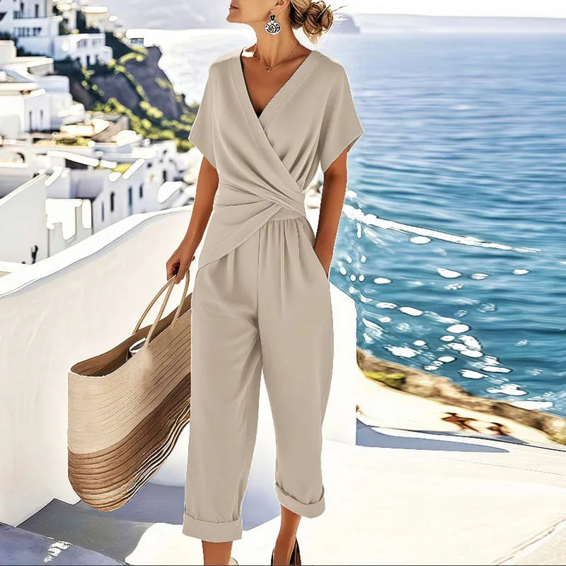 Women's Wrap-Front Co-ord Set in Soft Linen Blend – Apricot, Blue, Khaki – Lightweight Summer Two-Piece with Cropped Trousers and Tie-Waist Top | Koossa