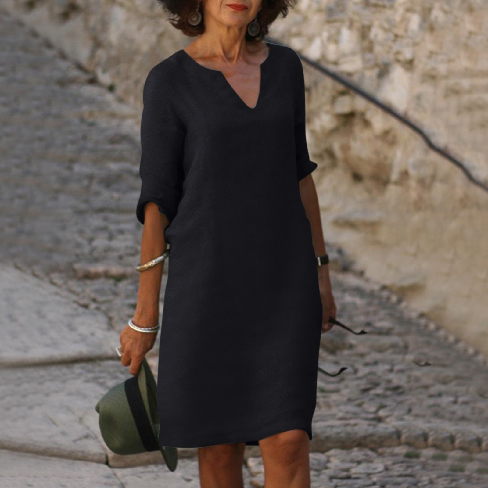 Women's V-Neck Midi Summer Dress — Elegant Everyday Dress with Short Sleeves for Warm Weather & Casual Occasions | Koossa