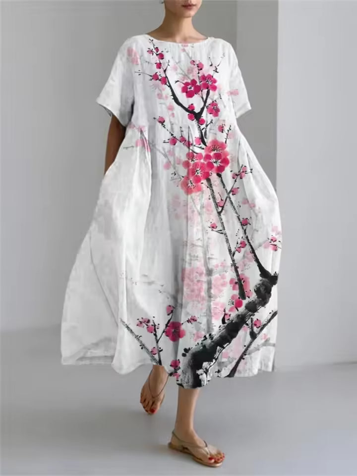 Women's Floral Midi Dress with Relaxed Silhouette and Round Neckline for Effortless Elegance | Koossa