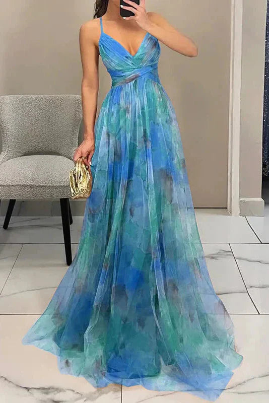 Watercolour Floral Maxi Dress with Pleated Skirt | Cross-Wrap Bodice | Adjustable Straps | Women's Full-Length Occasion Dress | Koossa