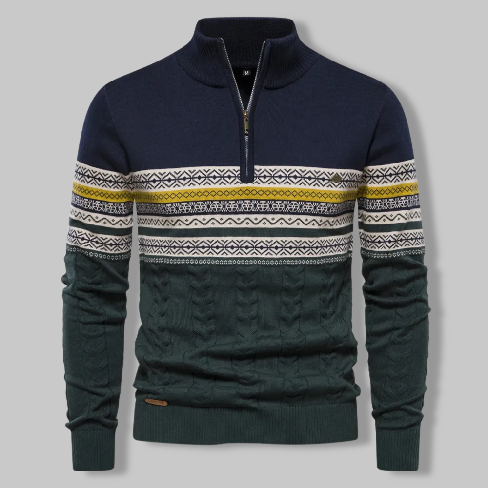 Men's Quarter-Zip Pullover Sweater with Nordic Pattern and Cable Knit – Cozy Stand Collar for Fall and Winter | Lonoma