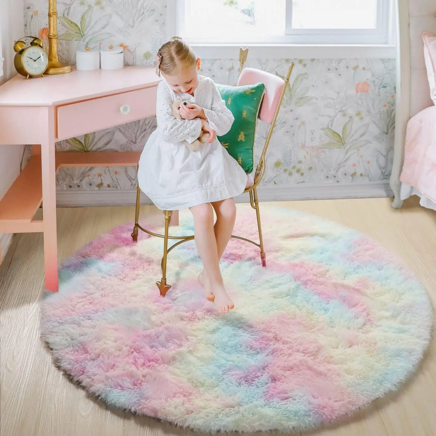 Tapis rond shaggy doux 160 cm pour chambre d'enfant antidérapant mousse à mémoire de forme confort optimal | Koossa