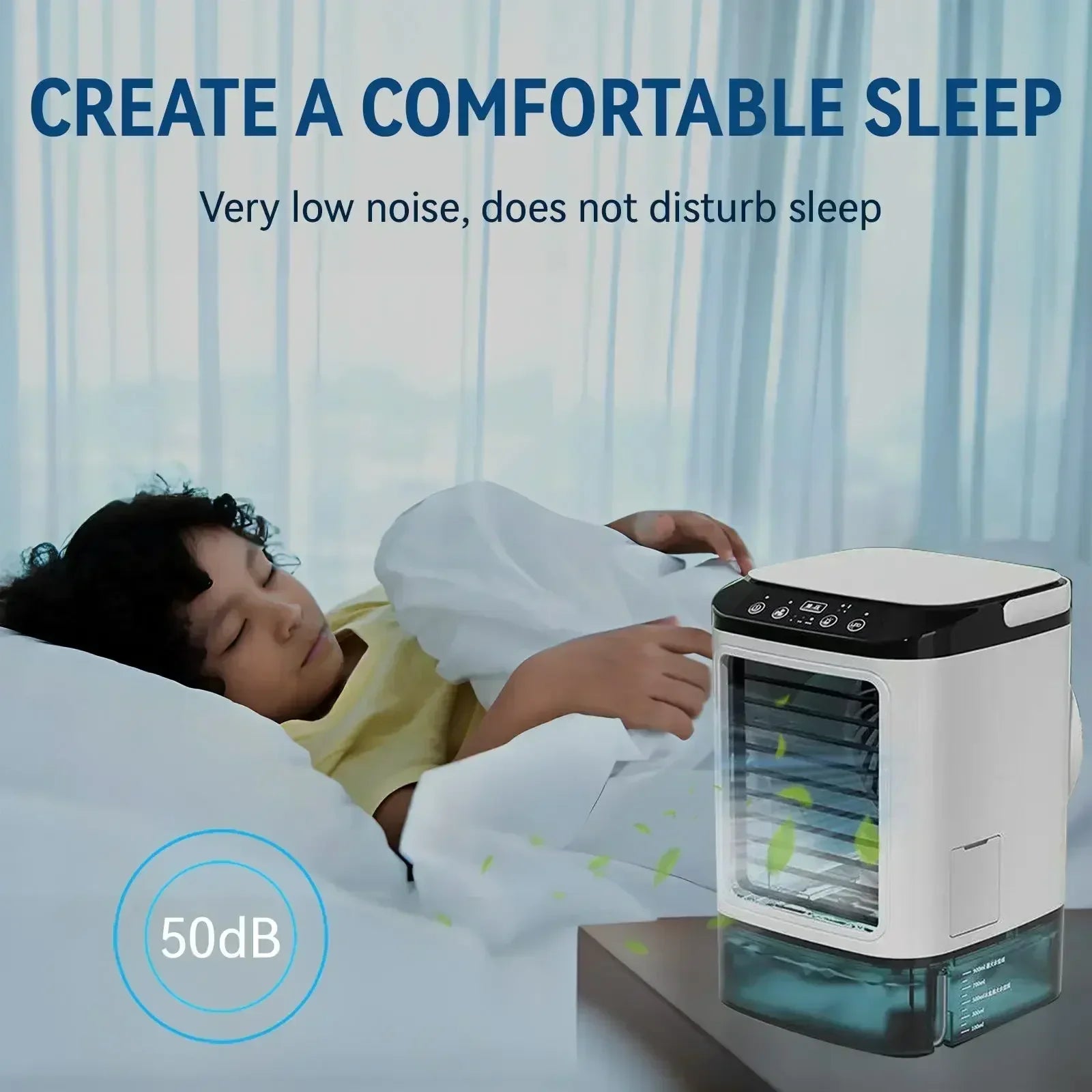 Rafraîchisseur d'air portable avec brumisation 900 ml – 3 vitesses, lumière LED 7 couleurs pour bureau et chambre | Koossa