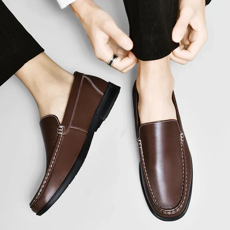Men's Genuine Leather Slip-On Loafers Dress Shoes Casual Business Apron Toe for Office Work Everyday Wear Versatile Comfortable | Lonoma