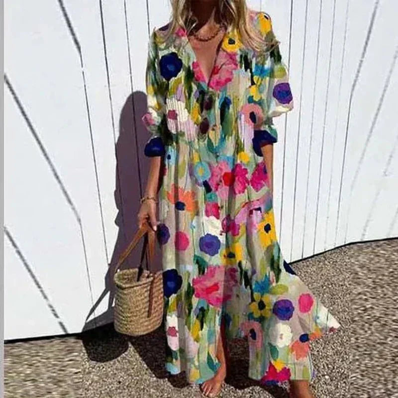 Women's Tiered Bohemian Cotton Dress with V-Neckline in Multicolour, Pink, Red, Light Blue and White – Relaxed Summer Day Dress for Warm Weather and Coastal Holidays | Koossa