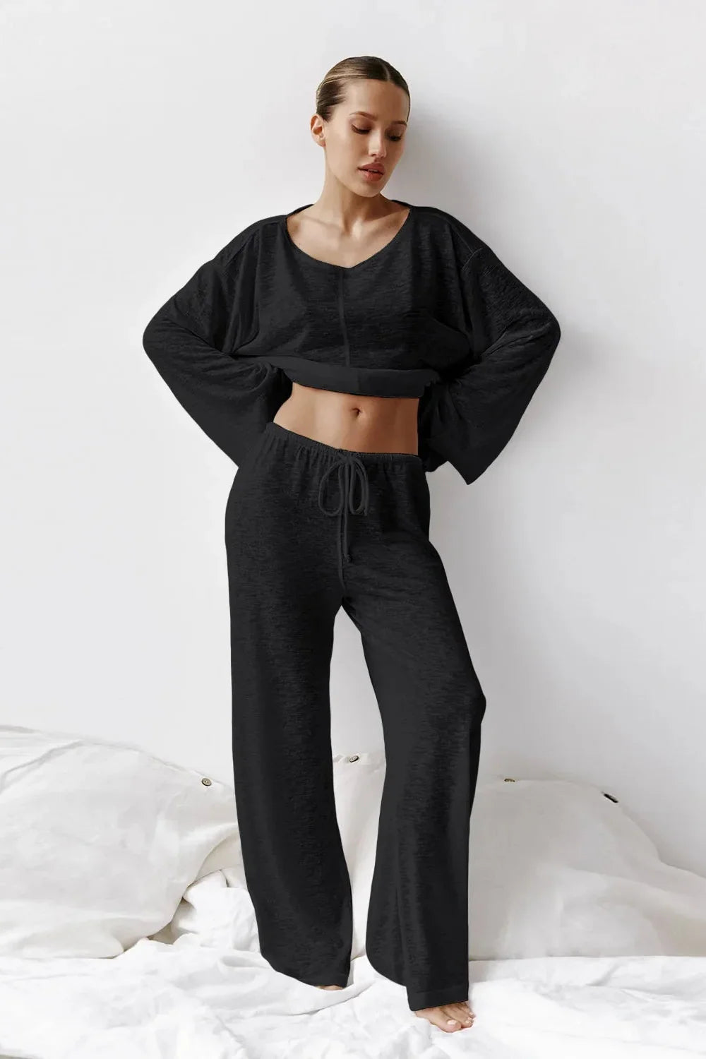 Two-Piece Loungewear Set in Soft Cotton Blend White Wide-Leg Trousers Cropped Long Sleeve Top Relaxed Comfortable Coordinating Separates Elastic Waistband Drawstring Women's Lounge Set | Koossa