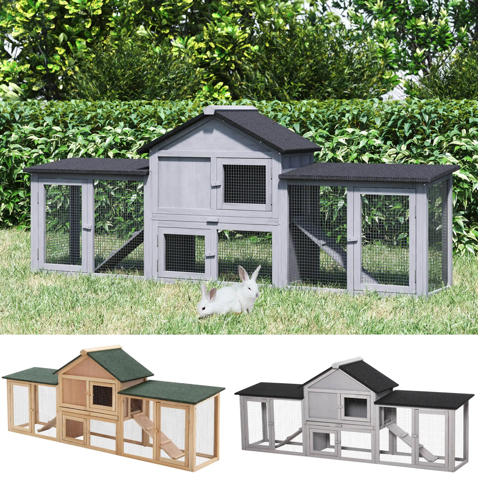 Rabbit Hutch Outdoor Large 2-4 Rabbits Wooden Guinea Pig Cage House Run 210cm Weatherproof Asphalt Roof Pull-Out Tray | Koossa