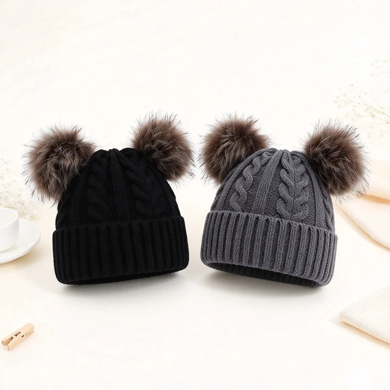 Women's Beanie Hat with Dual Faux Fur Pom-Poms – Chunky Cable Knit Winter Cap with Cuffed Design for Cold Weather | Lonoma