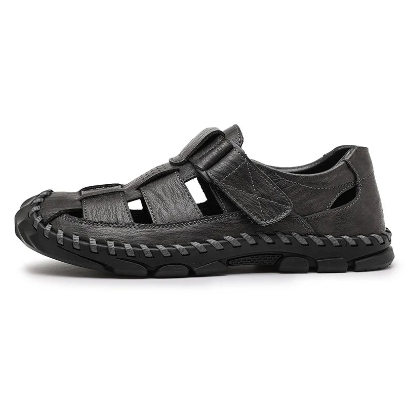 Closed-Toe Leather Fisherman Sandals for Men in Brown, Black and Grey – Supportive Everyday Summer Footwear with Adjustable Fastening and Breathable Cutout Design | Koossa