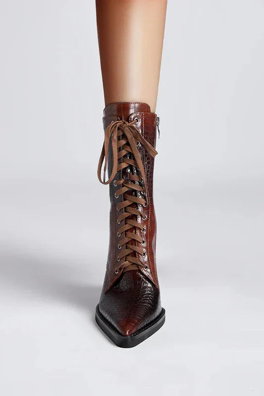 Croc-Effect Pointed Block Heel Lace-Up Ankle Boots in Brown and Black | Koossa