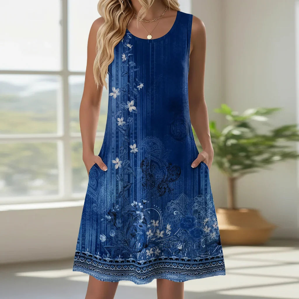 Women's Sleeveless Floral Print Mini Dress with Pockets — Casual Summer Dress for Garden Parties & Holiday Wear | Koossa