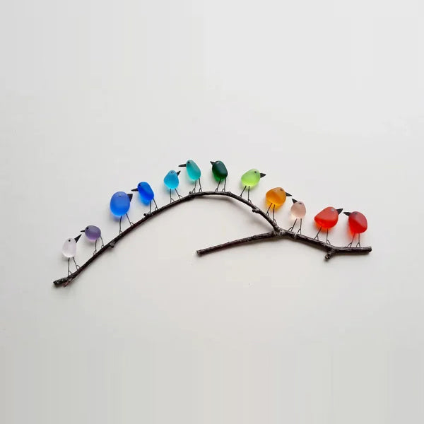 Sea Glass Bird Wall Decor on Driftwood, Handmade Rainbow Coastal Art, Beach House Hanging Sculpture for Living Room or Shelf | Lonoma