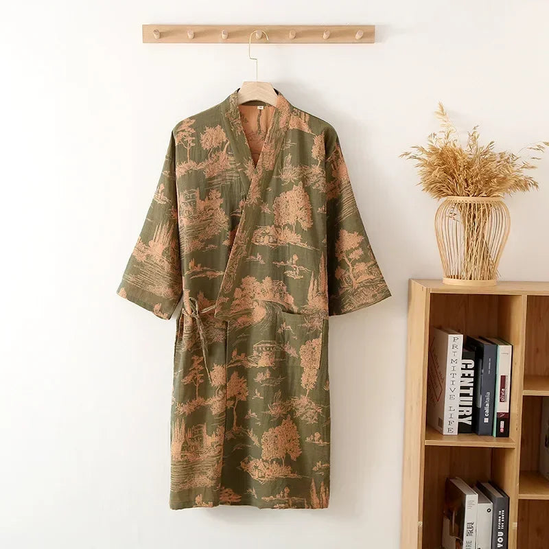 Men's Cotton Kimono Robe Blue Green Printed Long Lightweight Bathrobe V-Neck Spa Wrap for Spring Summer Fall Loungewear Sleepwear | Lonoma