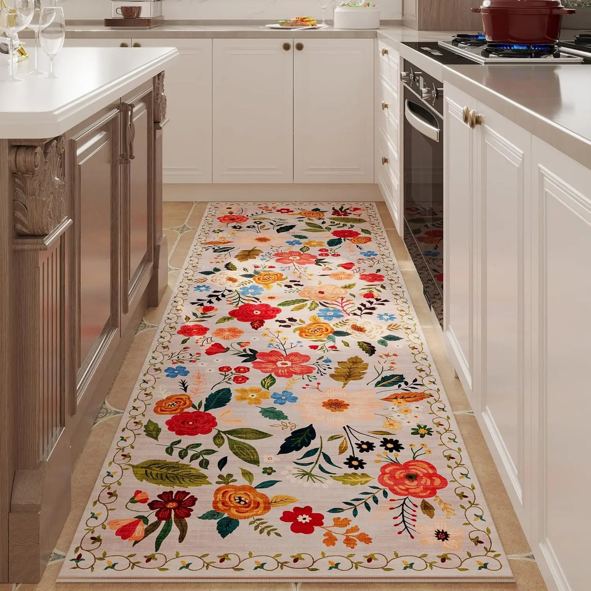 Non-Slip Hallway Runner Rug with Floral Pattern Machine Washable Kitchen Floor Mat Rubber Backing for Entryway Home Indoor Decor | Lonoma