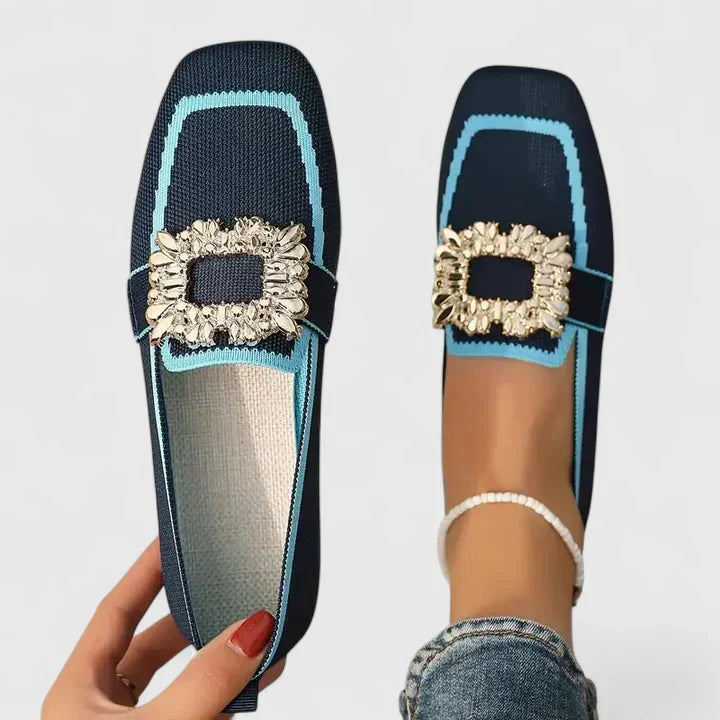 Square-Toe Slip-On Flats with Jewel Embellishment in Beige, Black, Brown, Blue & Orange – Elegant Everyday Footwear for Spring & Summer | Koossa