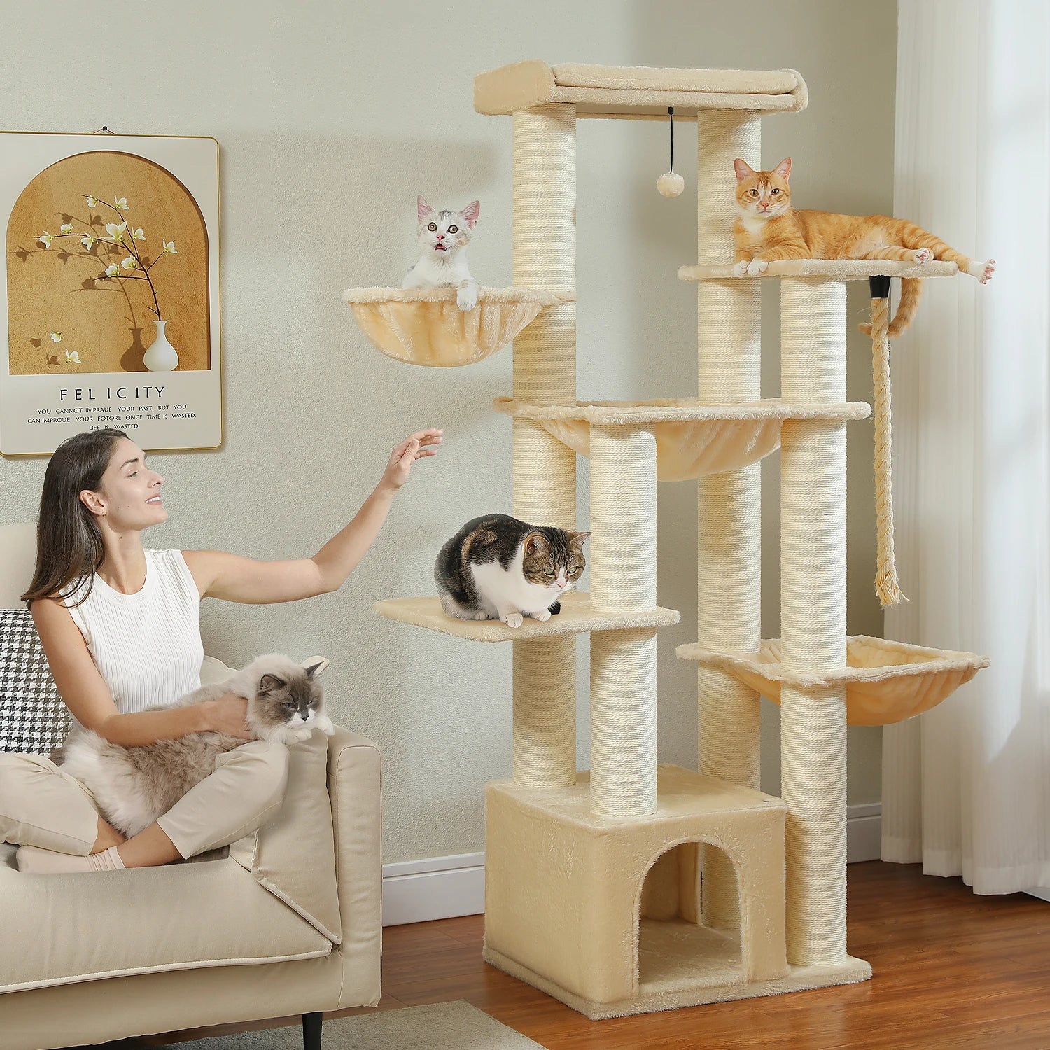 Cat Tree Large 170cm Tall Multi-Level Tower 11 Sisal Posts Steel Frame Hammocks Condo Perch Platform House 6-8 Cats Heavy Duty Climbing Scratching | Koossa