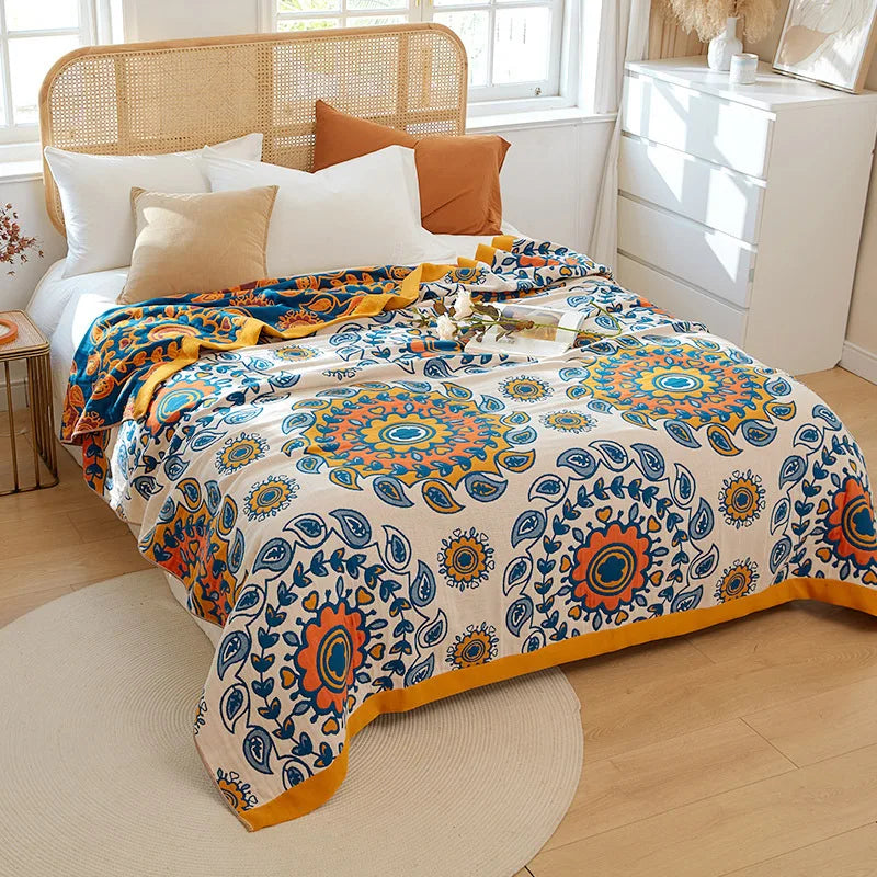 Lightweight Cotton Gauze Blanket Floral King Size Breathable Summer Coverlet for Bed Sofa Throw All-Season | Lonoma
