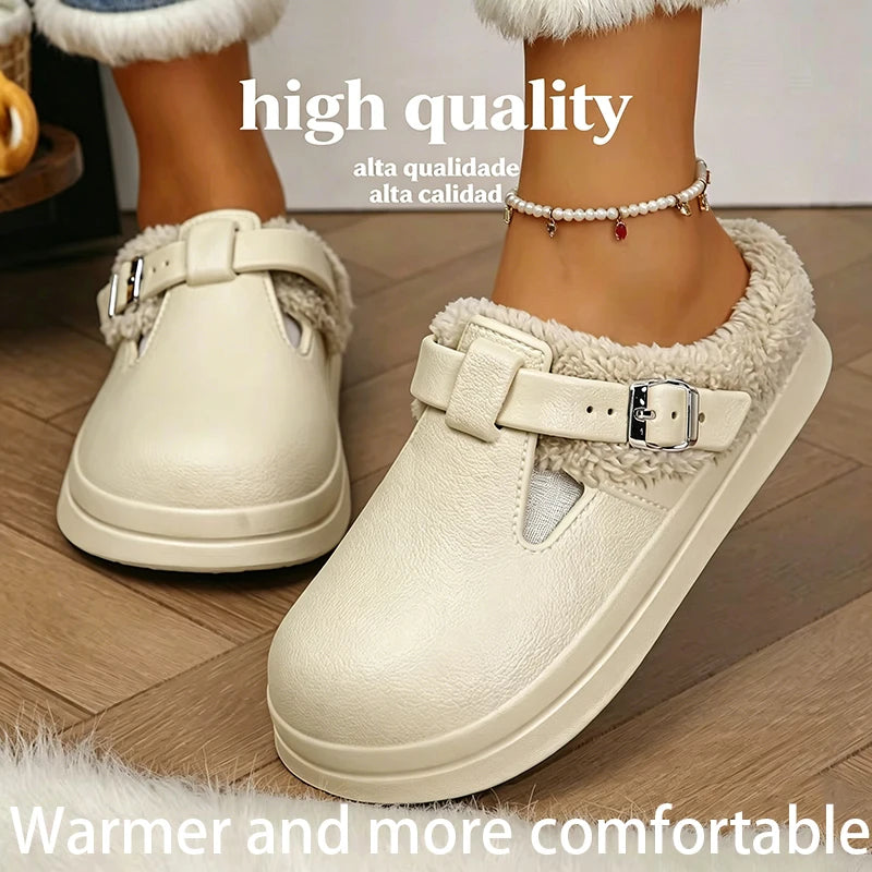 Women's Faux Fur Lined Slippers Cozy Plush Memory Foam House Shoes with Metal Buckle Thick Sole Non-Slip Indoor Mules for Cold Weather | Lonoma