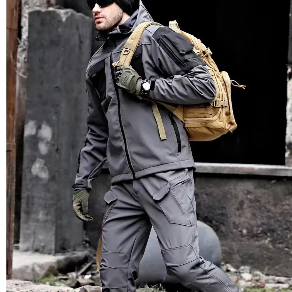 Men's Hooded Cargo Jacket and Pants Set Windproof Water-Resistant Outdoor 2-Piece Suit with Multiple Pockets for Hiking | Lonoma