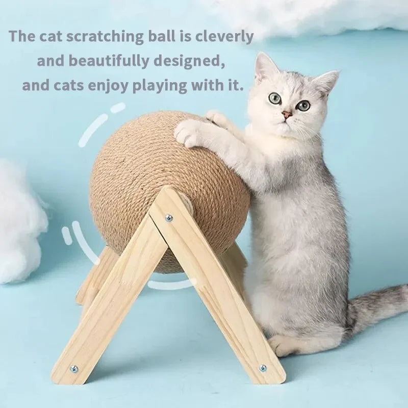 Cat Scratching Ball Sisal Rope Wood Stand 12cm or 16cm Rotating Sphere Triangle Base Indoor Claw Grinding Toy Natural Material | Koossa