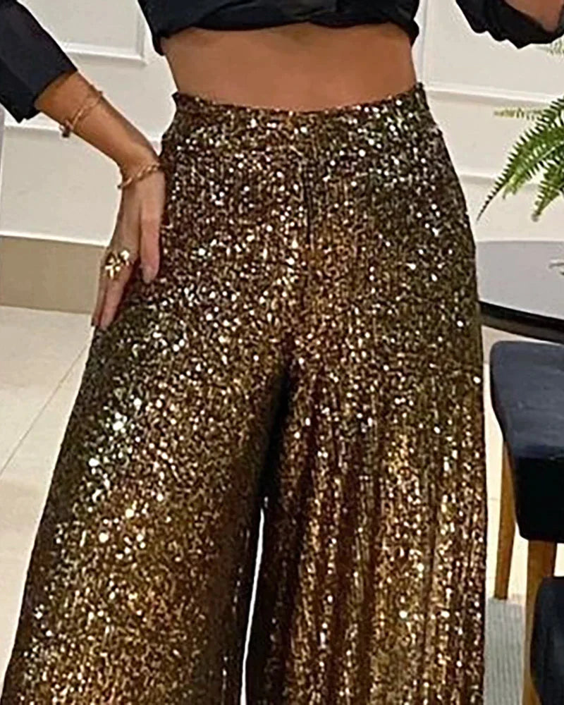 Women's Wide Leg Sequin Trousers — Elegant Party Trousers for Festive Evening Celebrations & Special Occasions | Koossa