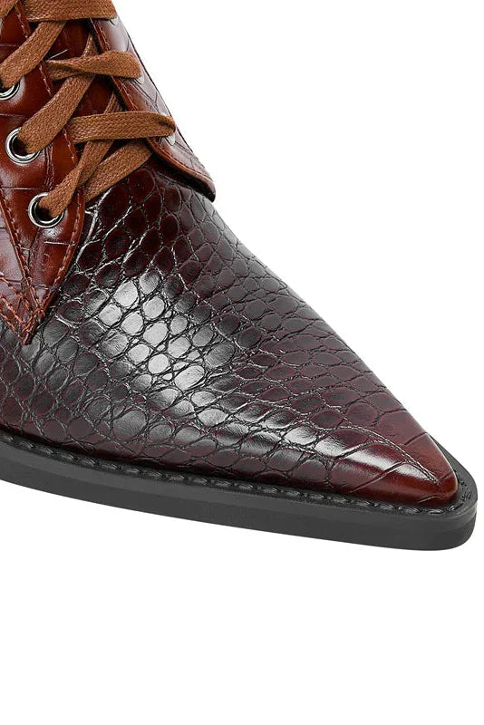 Croc-Effect Pointed Block Heel Lace-Up Ankle Boots in Brown and Black | Koossa