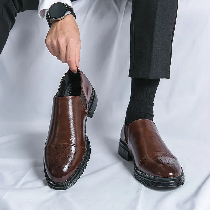 Men's Leather Slip-On Brogues with Cap Toe Detail in Black and Brown | Classic Formal Footwear for Business and Evening Occasions | Elegant Dress Shoes with Elastic Gusset | Koossa