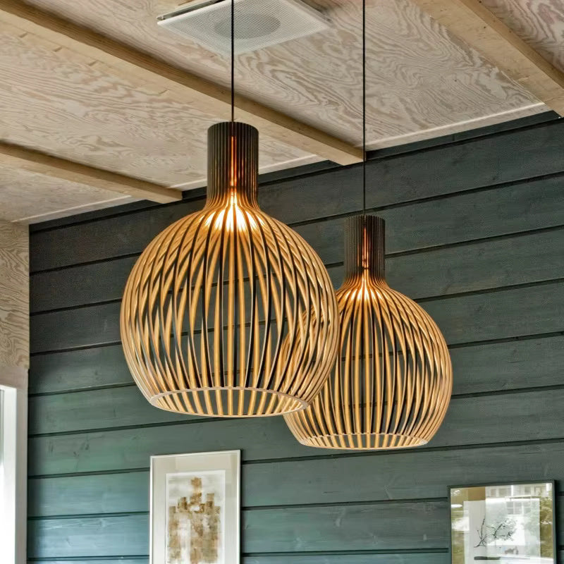 Suspension Bois Structure Ajourée E27 Lumière Naturelle Salle à Manger Salon Éclairage Organique Déco Nordique | Koossa