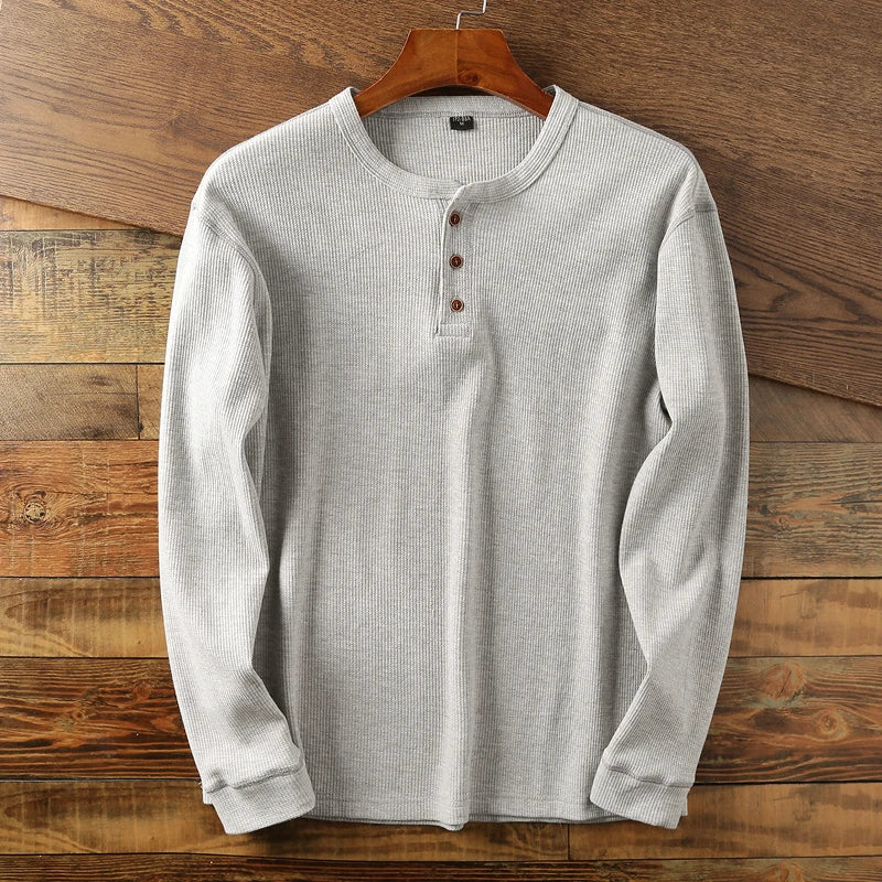 Men's Cotton Henley Shirt with Buttoned Neckline – Classic Long-Sleeved Top in Six Shades for Smart Casual Style | Koossa