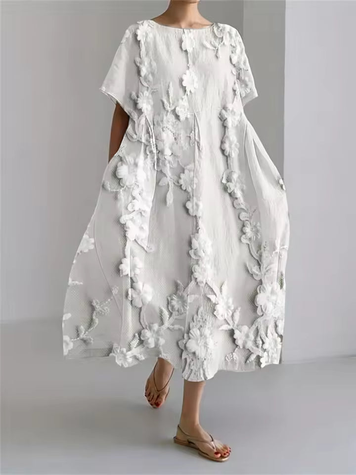 Women's Floral Midi Dress with Relaxed Silhouette and Round Neckline for Effortless Elegance | Koossa