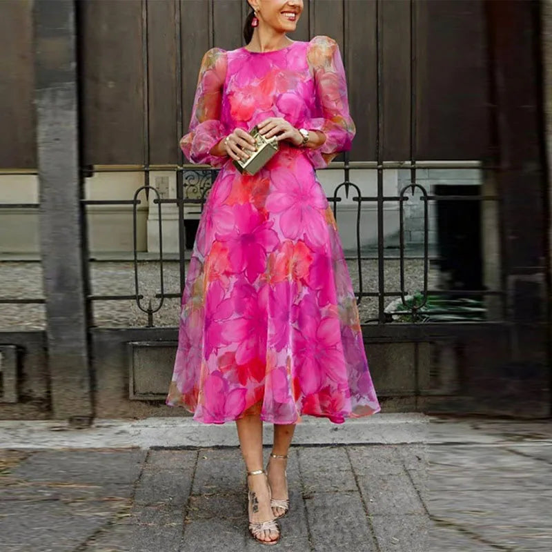 Puff Sleeve Midi Dress in Pink & Blue for Weddings & Special Occasions | Feminine Elegant Fit Formal Guest Dress | Koossa