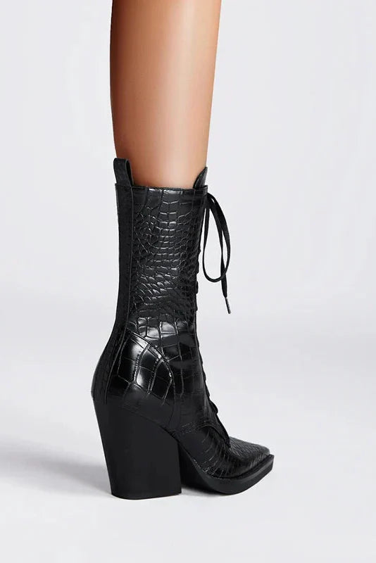 Croc-Effect Pointed Block Heel Lace-Up Ankle Boots in Brown and Black | Koossa