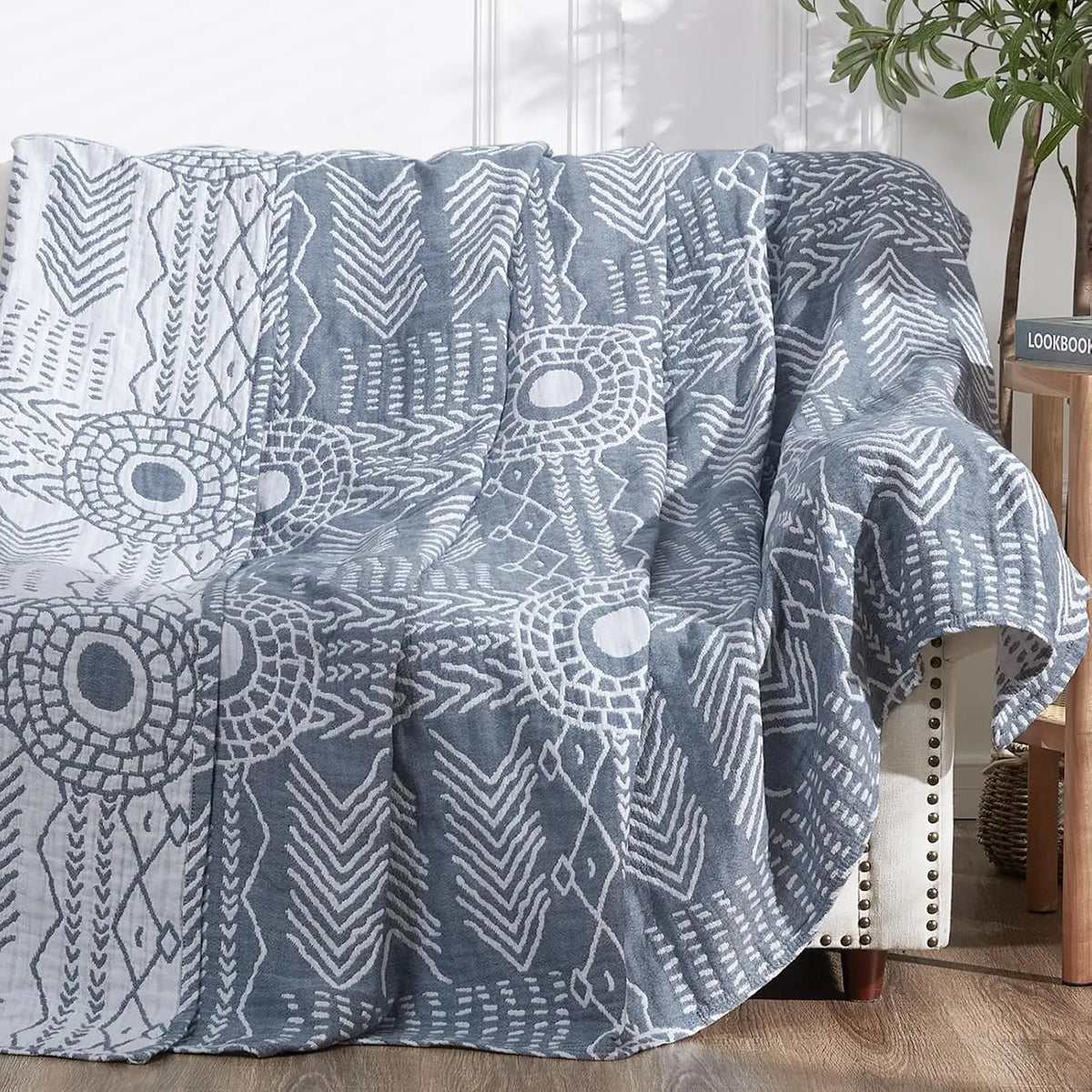 Muslin blanket - Boho 100% Cotton Muslin Throw Blanket 3-Layer Washable Reversible Sofa Towel Geometric Striped Patterned Soft Cozy Towel Blanket