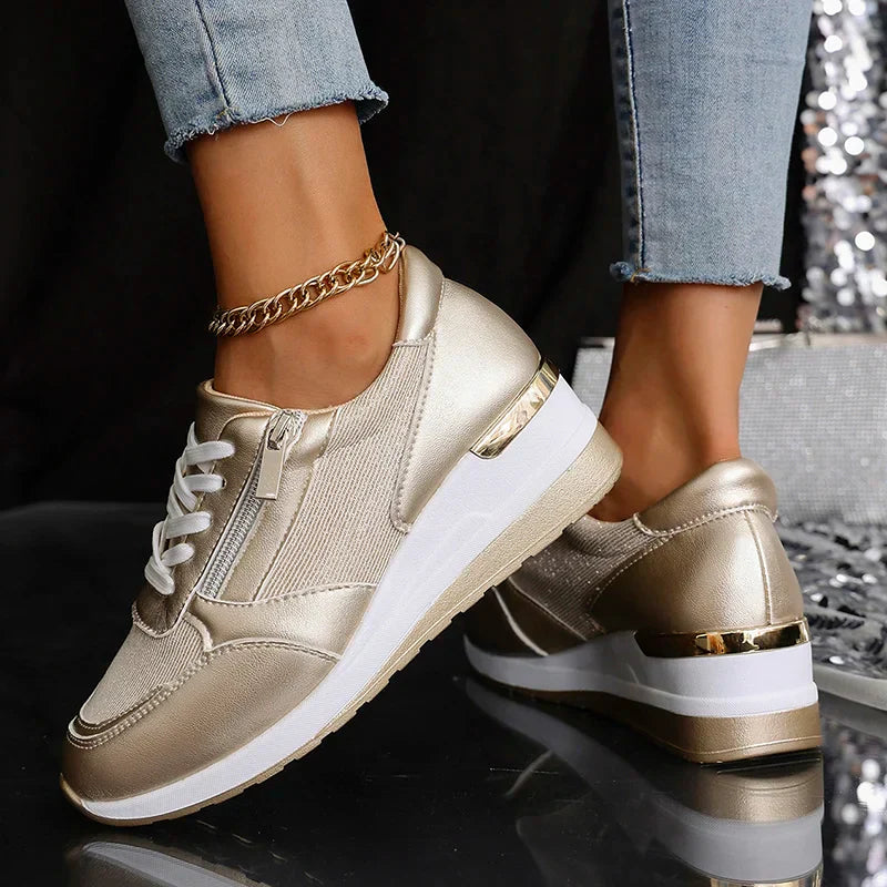 Women's Wedge Trainers with Side Zip in Metallic Finish for Smart Casual Wear | Koossa
