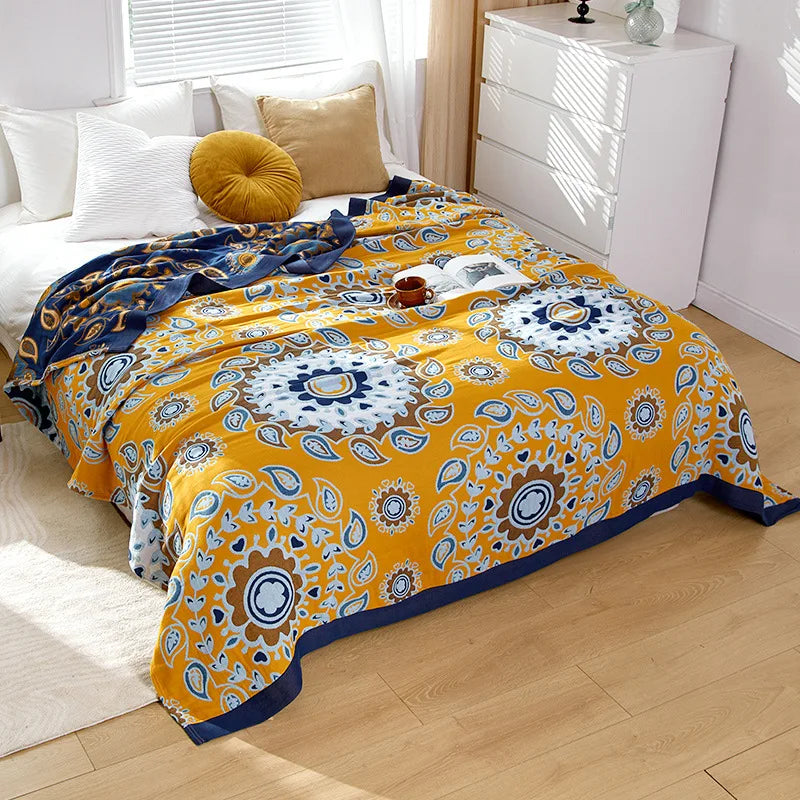 Lightweight Cotton Gauze Blanket Floral King Size Breathable Summer Coverlet for Bed Sofa Throw All-Season | Lonoma