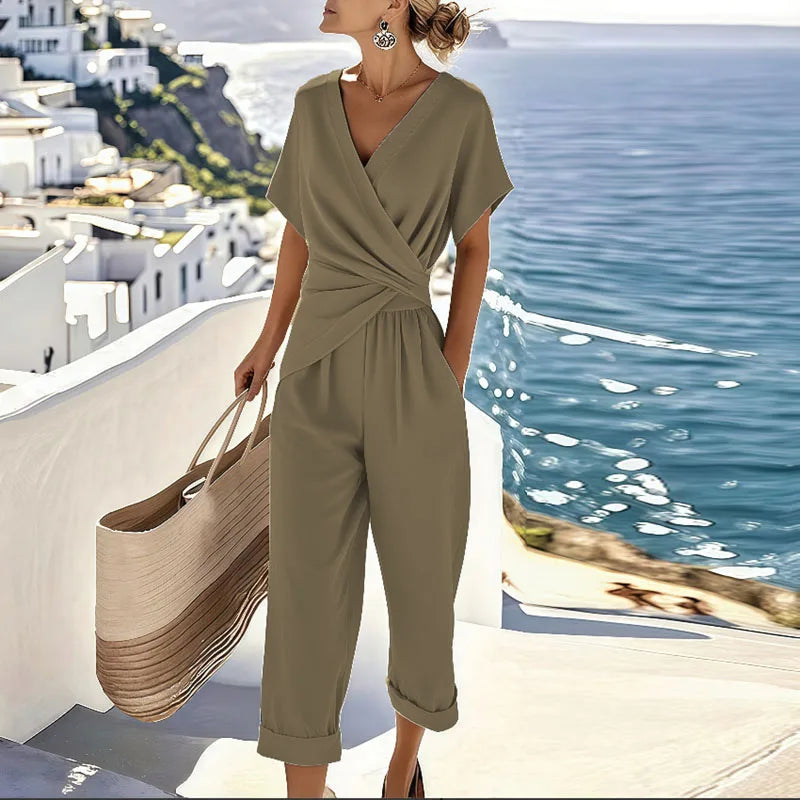 Women's Wrap-Front Co-ord Set in Soft Linen Blend – Apricot, Blue, Khaki – Lightweight Summer Two-Piece with Cropped Trousers and Tie-Waist Top | Koossa