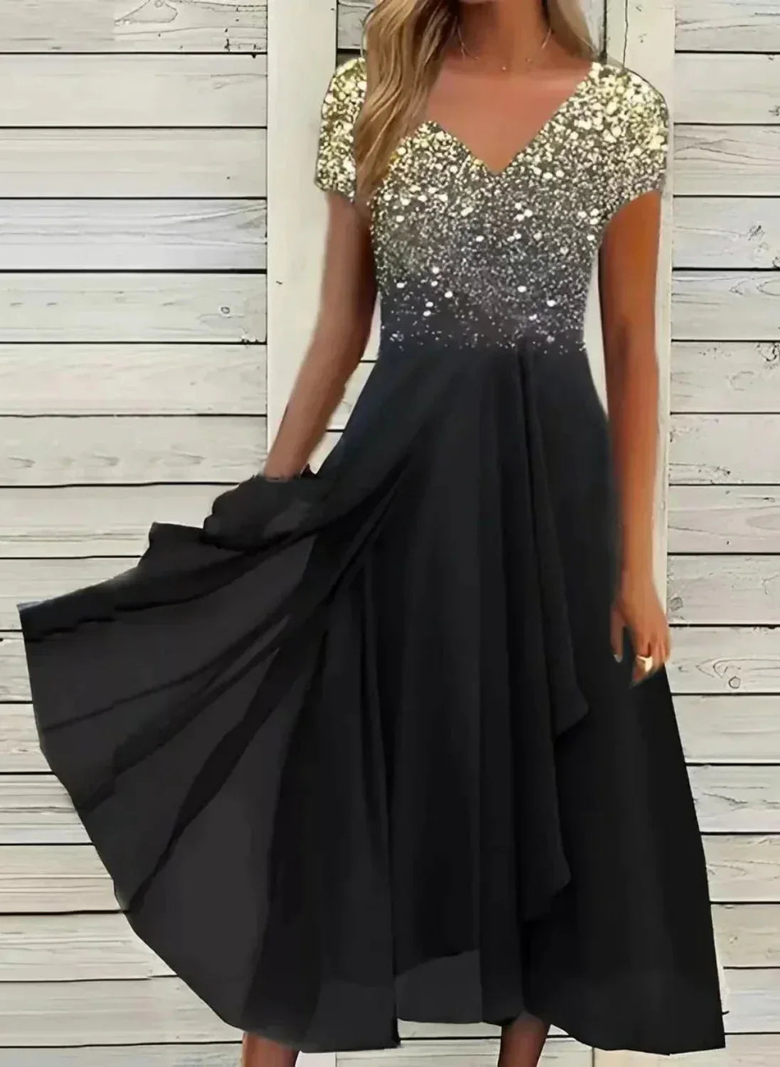 Women's Floral Embellished Evening Gown with Flowing Silhouette in Luxurious Metallic Tones for Weddings and Black-Tie Events | Koossa
