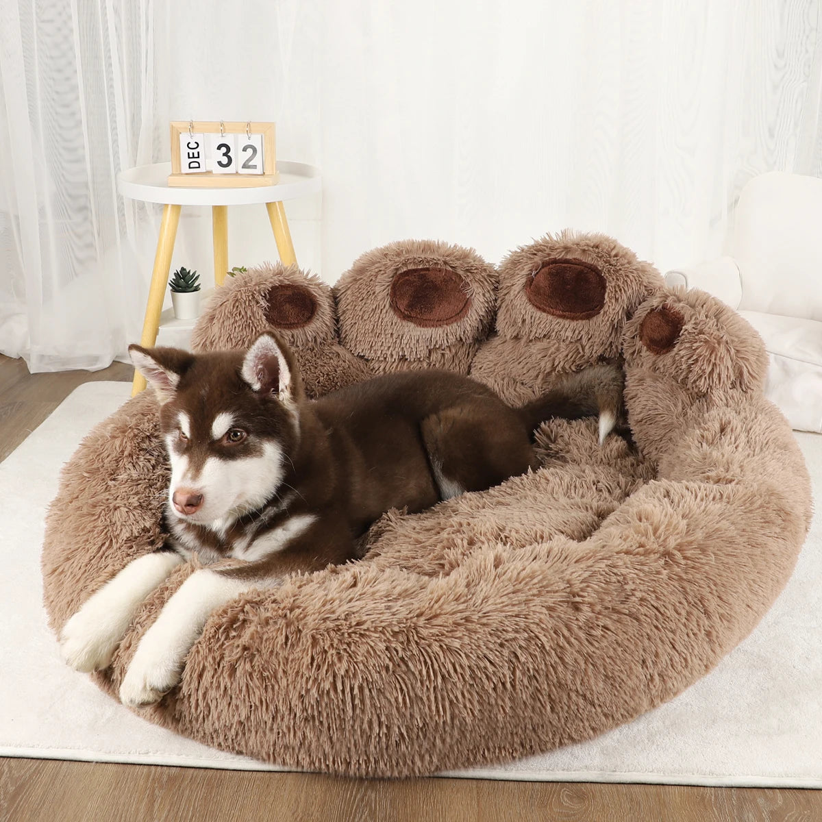 Dog Bed Round Plush Fluffy Paw Print 50-110cm Calming Donut Cushion Anti-Slip Base Winter Warm Cat Puppy Basket Washable Pet Mat | Koossa
