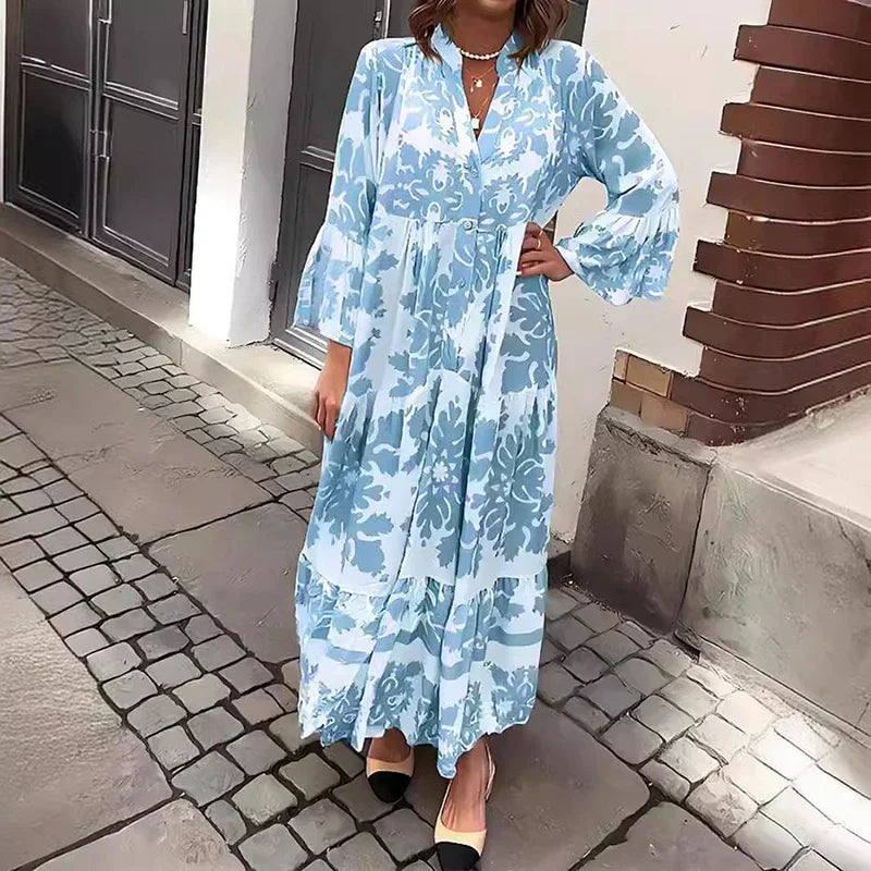 Women's Bohemian Printed Midi Dress with Long Sleeves in Flowing Viscose | Elegant Spring Summer Occasion Wear | Koossa