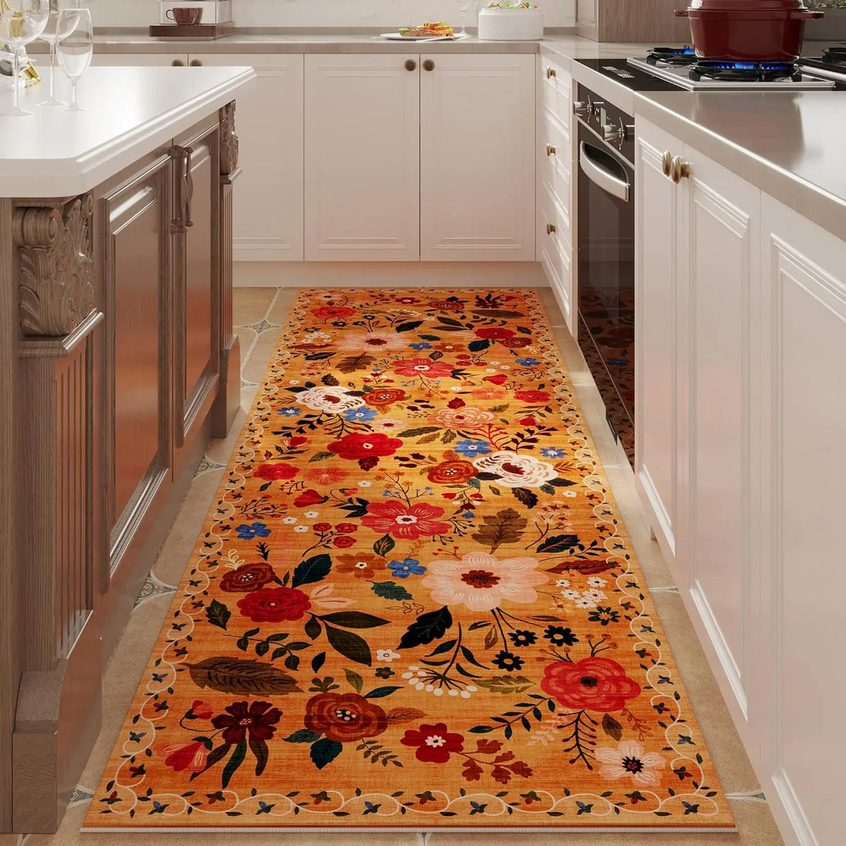Non-Slip Hallway Runner Rug with Floral Pattern Machine Washable Kitchen Floor Mat Rubber Backing for Entryway Home Indoor Decor | Lonoma
