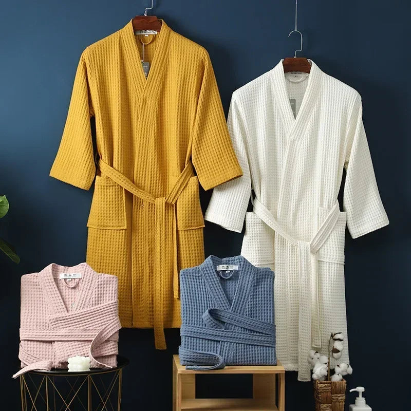 Sauna badjas - Katoenen badstof badjas voor lente en zomer Dunne ochtendjas Wafelbadjas met lange mouwen Hotelschoonheidsbadhanddoek voor koppels