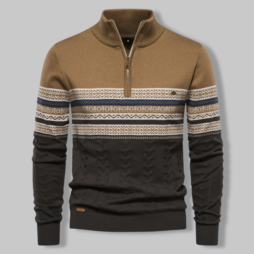 Men's Quarter-Zip Pullover Sweater with Nordic Pattern and Cable Knit – Cozy Stand Collar for Fall and Winter | Lonoma
