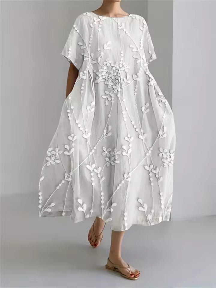 Women's Floral Midi Dress with Relaxed Silhouette and Round Neckline for Effortless Elegance | Koossa