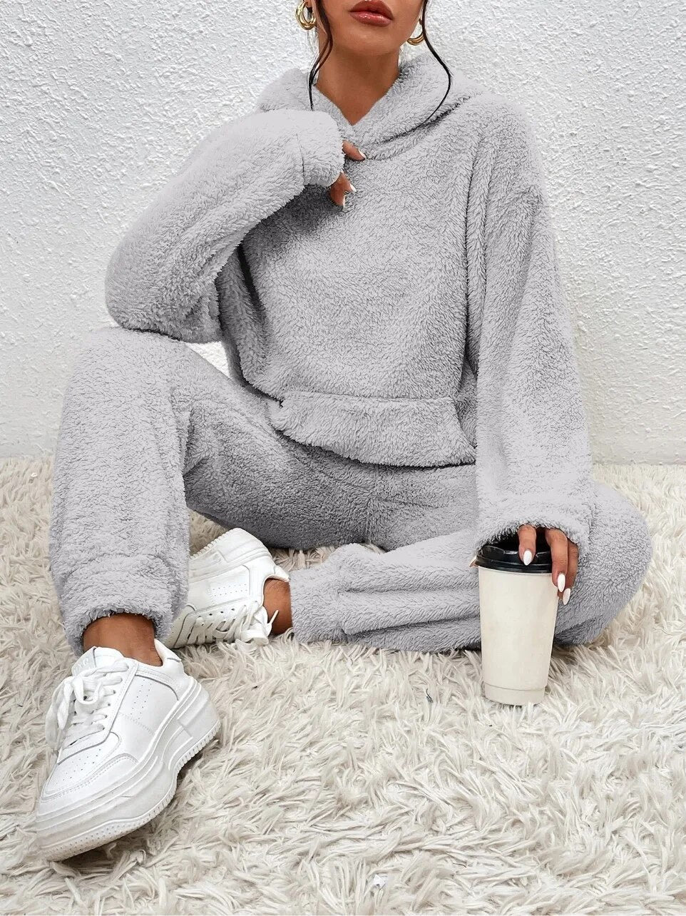 Hooded Fleece Lounge Set Women's Two-Piece Teddy Sweatsuit with Kangaroo Pocket for Winter Cozy Homewear Soft Plush Tracksuit | Lonoma