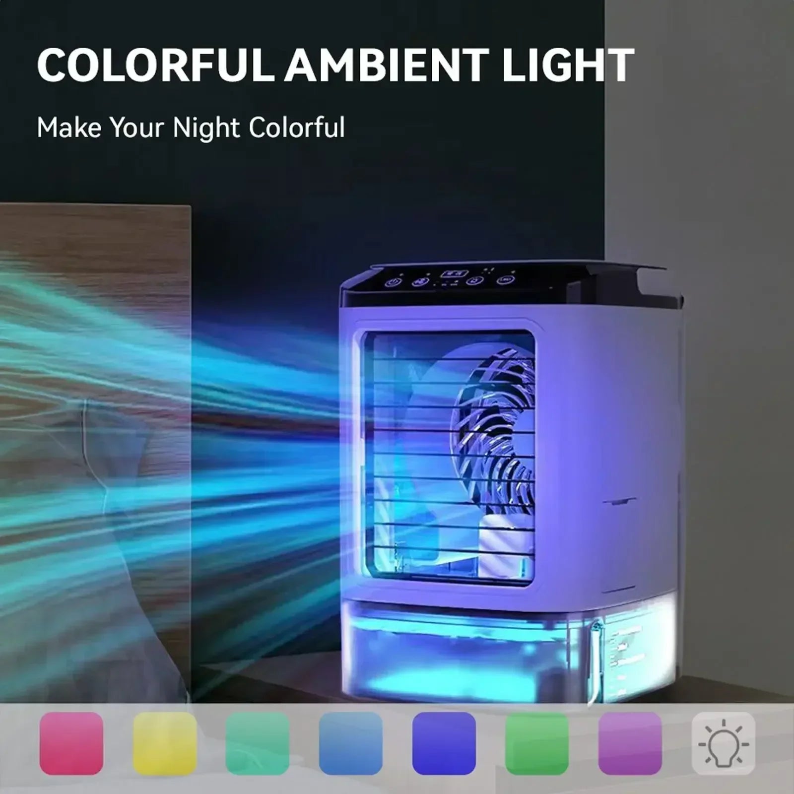 Rafraîchisseur d'air portable avec brumisation 900 ml – 3 vitesses, lumière LED 7 couleurs pour bureau et chambre | Koossa