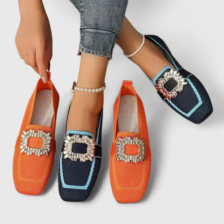 Square-Toe Slip-On Flats with Jewel Embellishment in Beige, Black, Brown, Blue & Orange – Elegant Everyday Footwear for Spring & Summer | Koossa