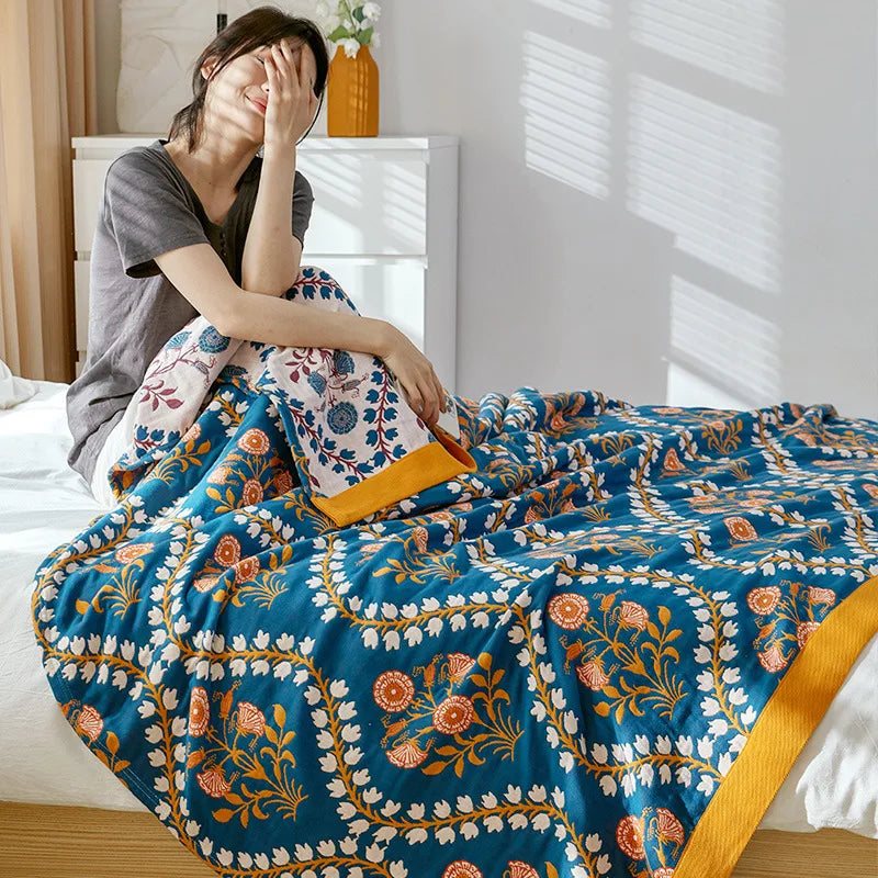 Lightweight Cotton Gauze Blanket Floral King Size Breathable Summer Coverlet for Bed Sofa Throw All-Season | Lonoma