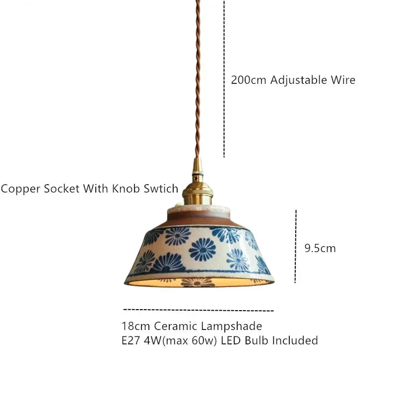 Suspension en céramique peinte à la main motif floral monture cuivre style nordique éclairage chaleureux | Koossa
