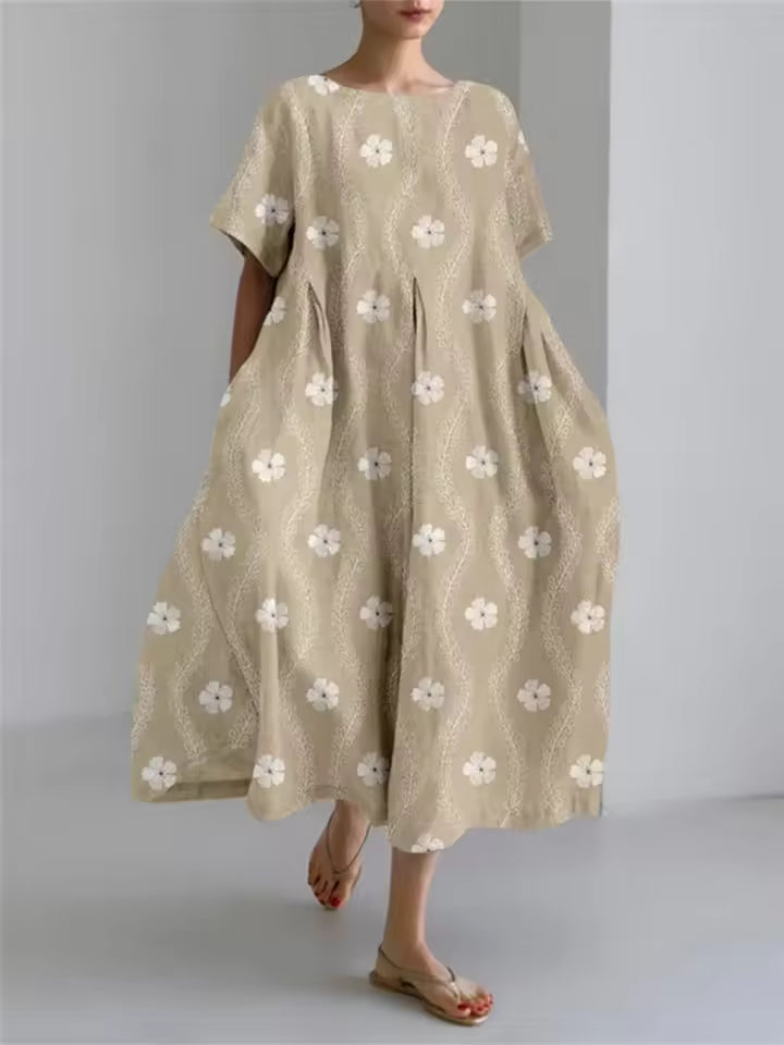 Women's Floral Midi Dress with Relaxed Silhouette and Round Neckline for Effortless Elegance | Koossa