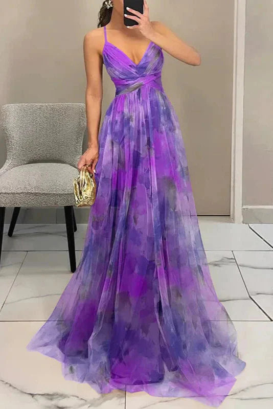 Watercolour Floral Maxi Dress with Pleated Skirt | Cross-Wrap Bodice | Adjustable Straps | Women's Full-Length Occasion Dress | Koossa